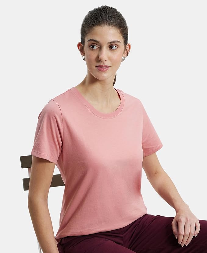 Women  Super Combed Cotton Rich Relaxed Fit Solid Curved Hem Styled Half Sleeve T-Shirt