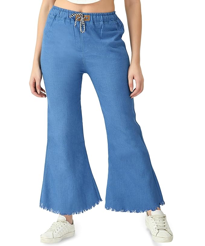 Womens Denim Flared Jogger Jeans Elastic Waist with Drawstring, Relaxed Fit Casual Pants with Multiple Pockets