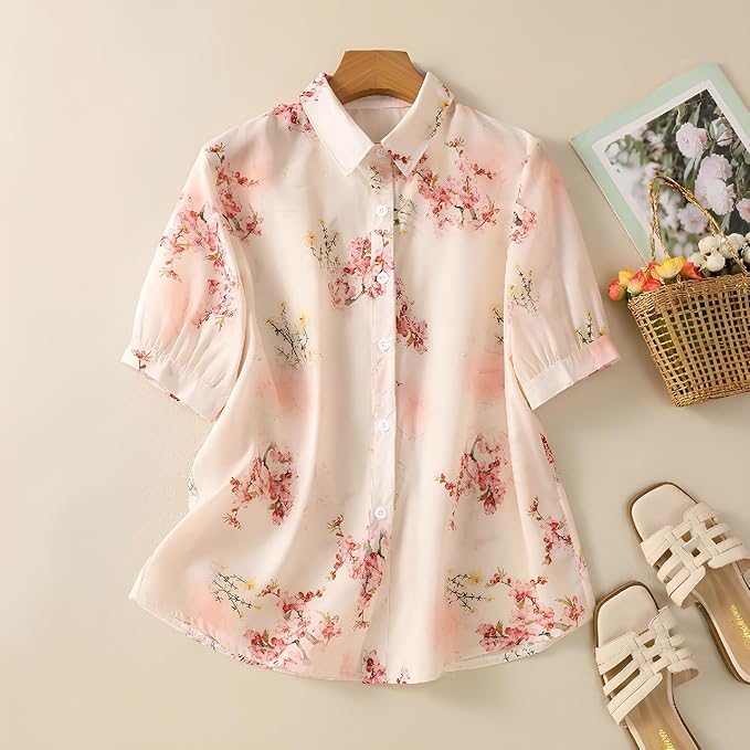 Women Cream Floral Printed Western Shirt with Button Down Front, Short Puff Sleeves and Relaxed Fit Silhouette