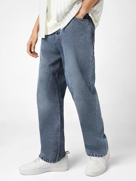 Men Mid Rise Loose Baggy Fit Washed Jeans Non-Stretchable